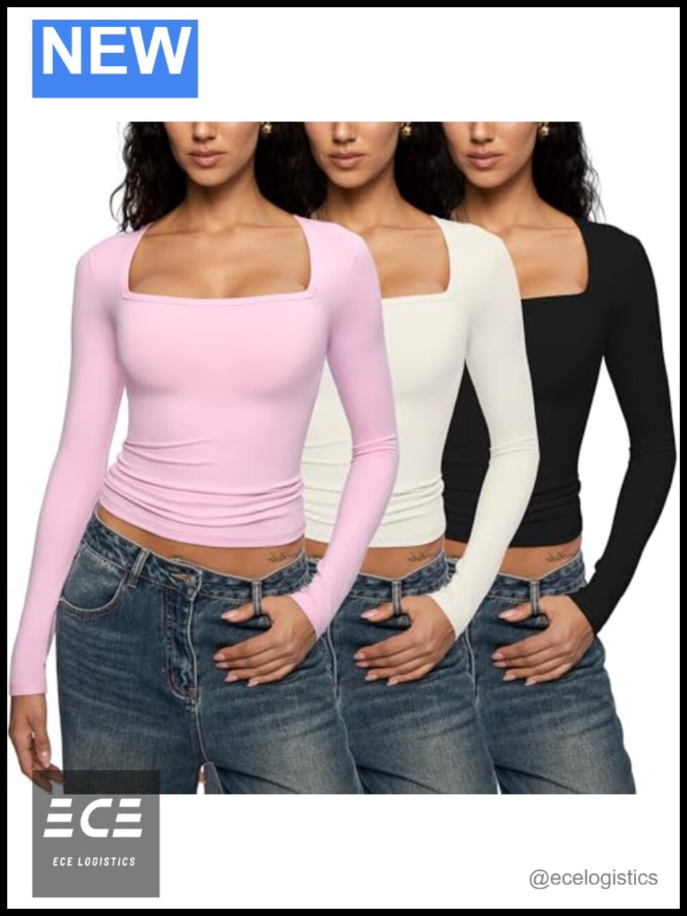 Enerful Square Neck Long Sleeve Crop Top Stretch Layering Shirt